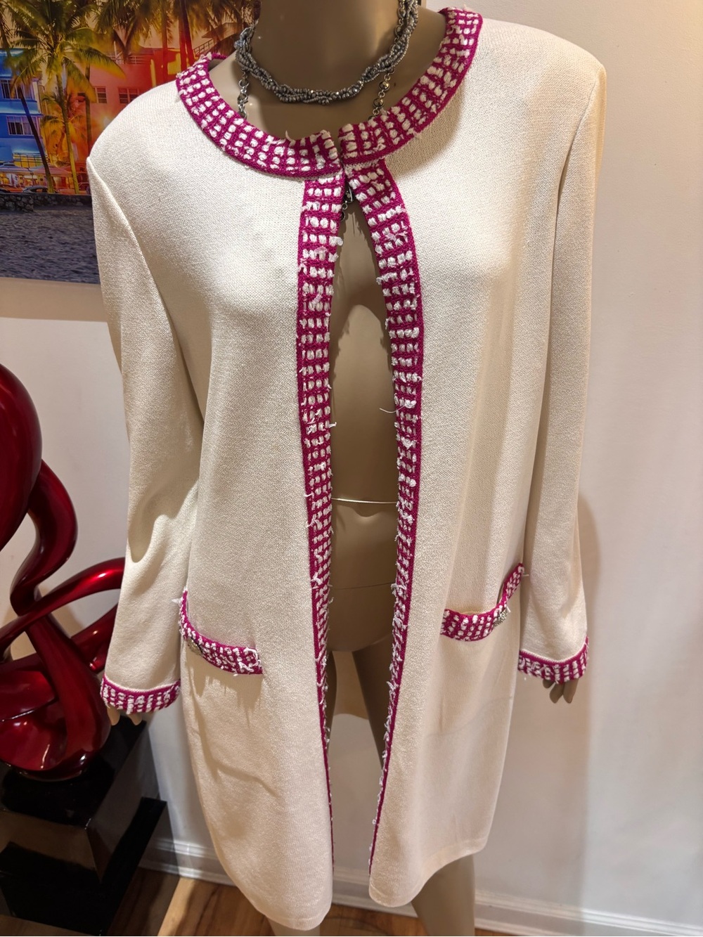 St. John Cream Open-Front Coatigan with Pink longline duster coat 12 L jacket